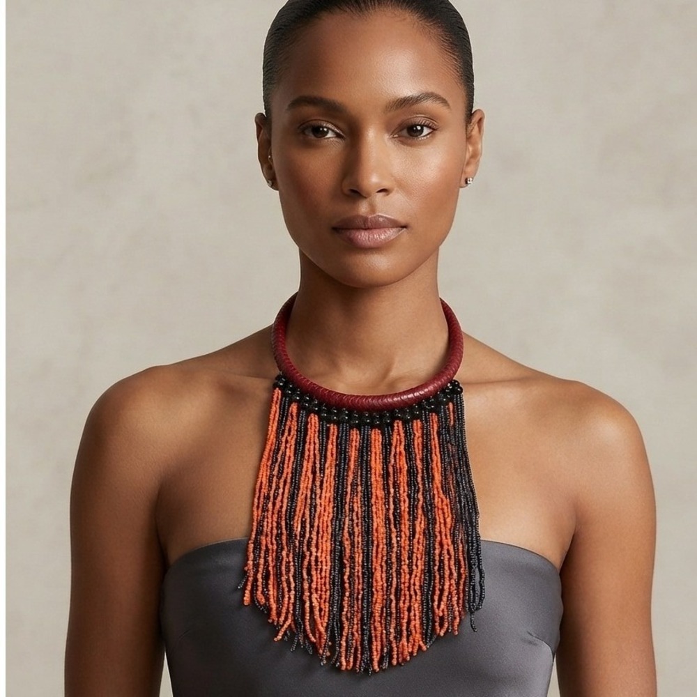 African Handmade Leather and Beaded Fringe Statement Orange Black